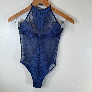 Victoria's secret bodysuit blue halter lace mesh lingerie sexy small festival